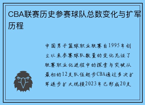 CBA联赛历史参赛球队总数变化与扩军历程