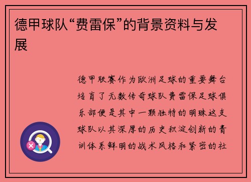 德甲球队“费雷保”的背景资料与发展