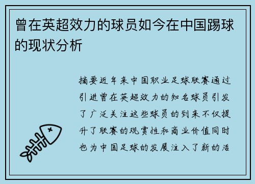 曾在英超效力的球员如今在中国踢球的现状分析